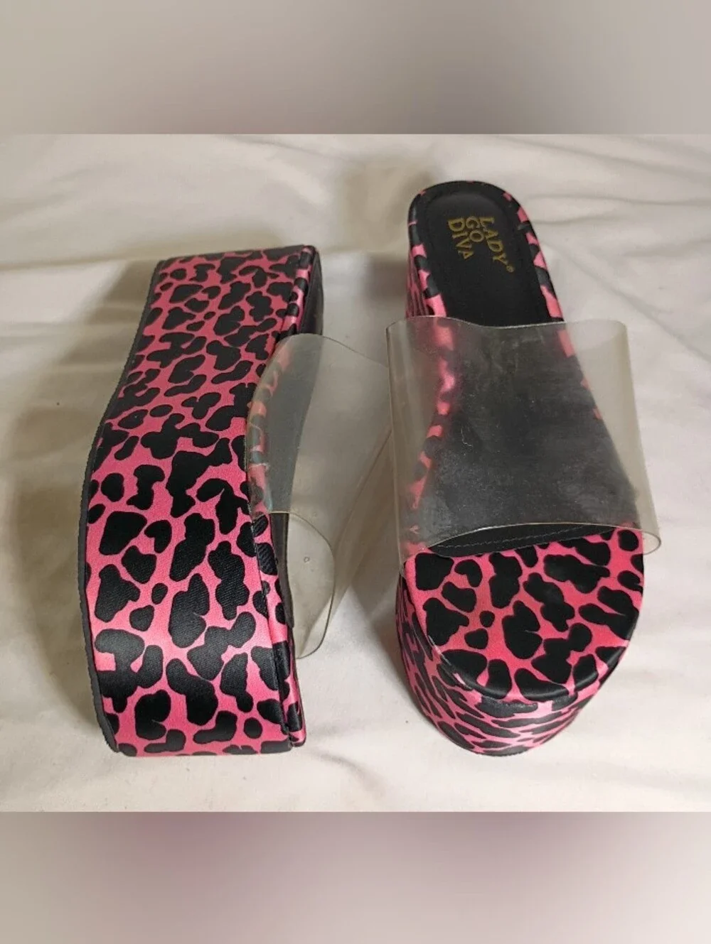 Lady Go Diva Vintage Pink Cheetah Print Flatform Wedge Sandals Clear Upper 6.5